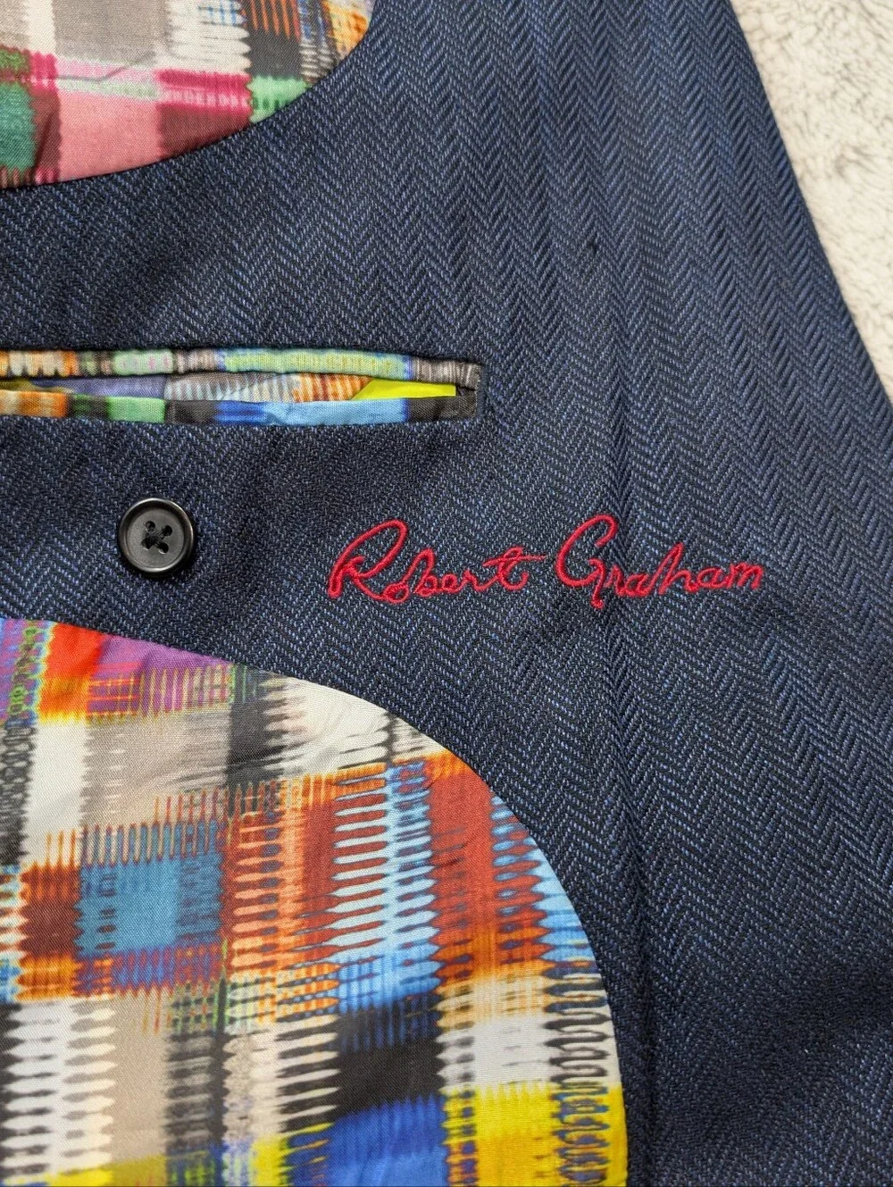 Robert Graham Jacket Mens 42R Blue Herringbone Linen Blend Unstructured Blazer